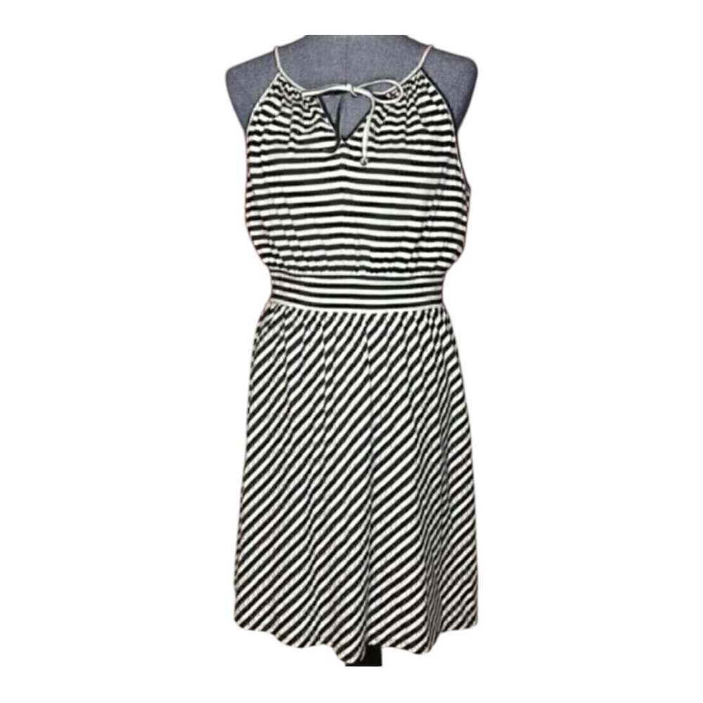 Elle b&w striped black and white midi dress size M cute tie bow keyhole